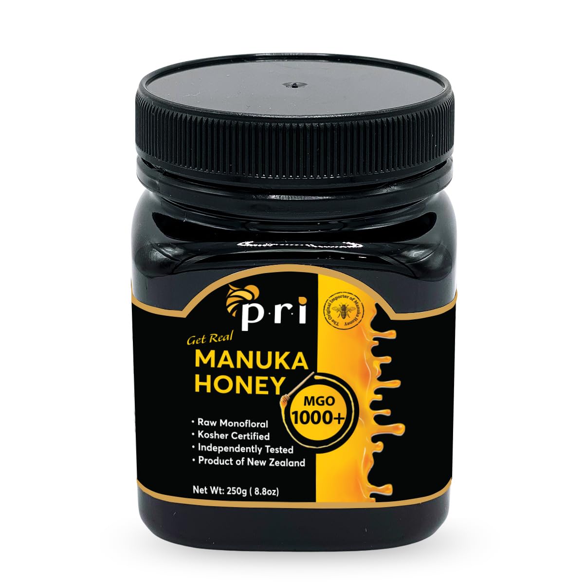 P.R.I Manuka Honey MGO 1000+ bottle reveals rich color and premium potency.