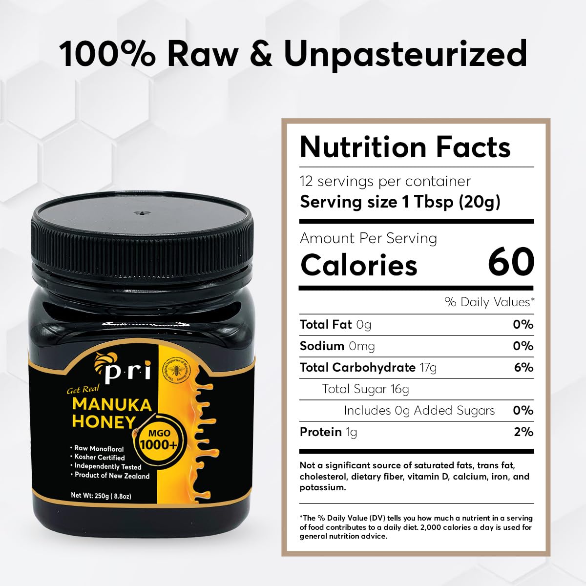 P.R.I Manuka Honey MGO 1000+ close‑up texture shows thick, velvety sweetness.
