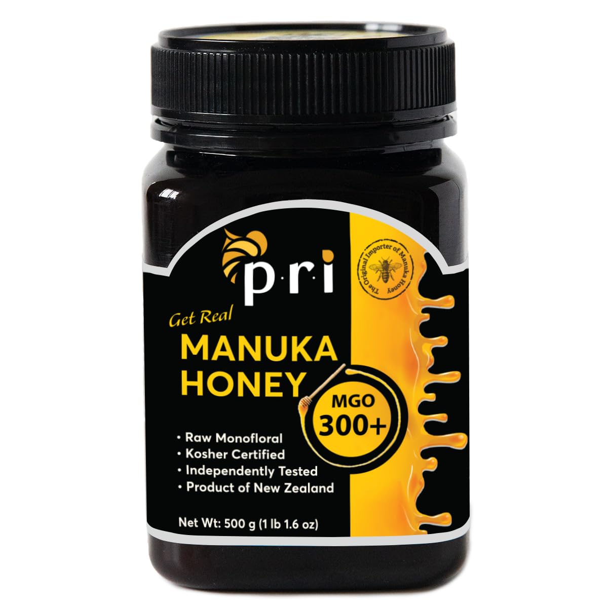 P.R.I Manuka honey MGO 300+ bottle closeup highlighting potency and purity.