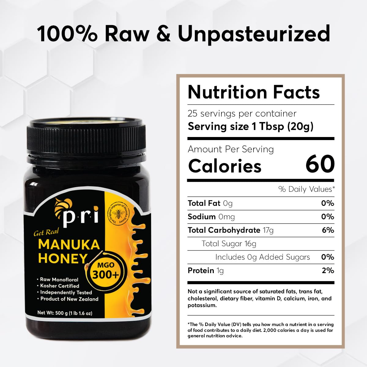 P.R.I Manuka honey MGO 300+ lid QR code showing batch transparency.