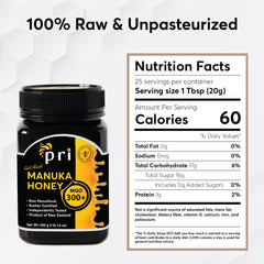 P.R.I Manuka honey MGO 300+ lid QR code showing batch transparency.