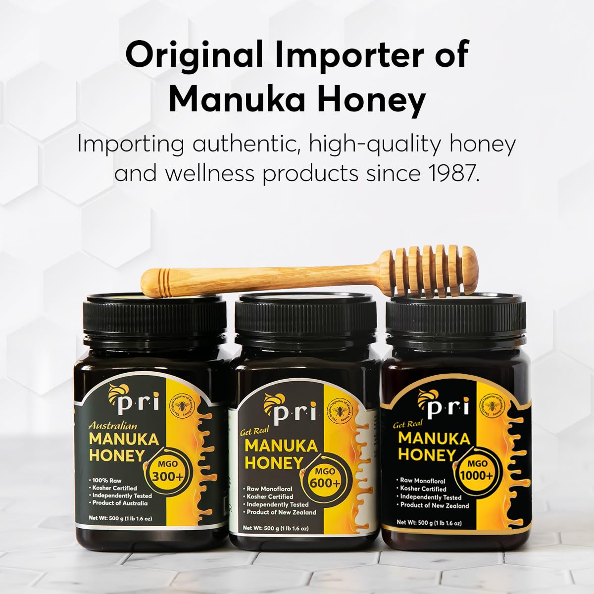 P.R.I Manuka honey with New Zealand standards seal on packaging