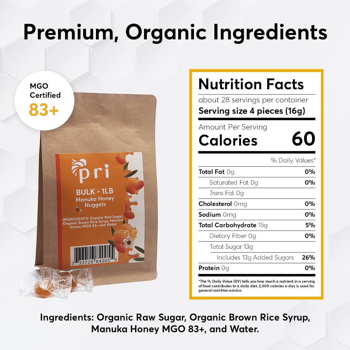 PRI Manuka Honey Nuggets individually wrapped for easy sharing and travel.