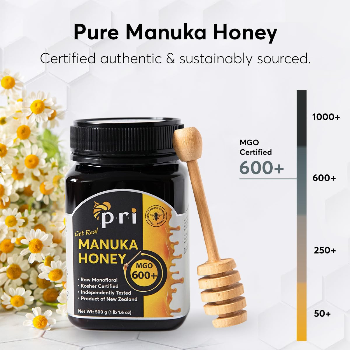 P.R.I Manuka honey jar, raw and cool-processed to preserve enzymes