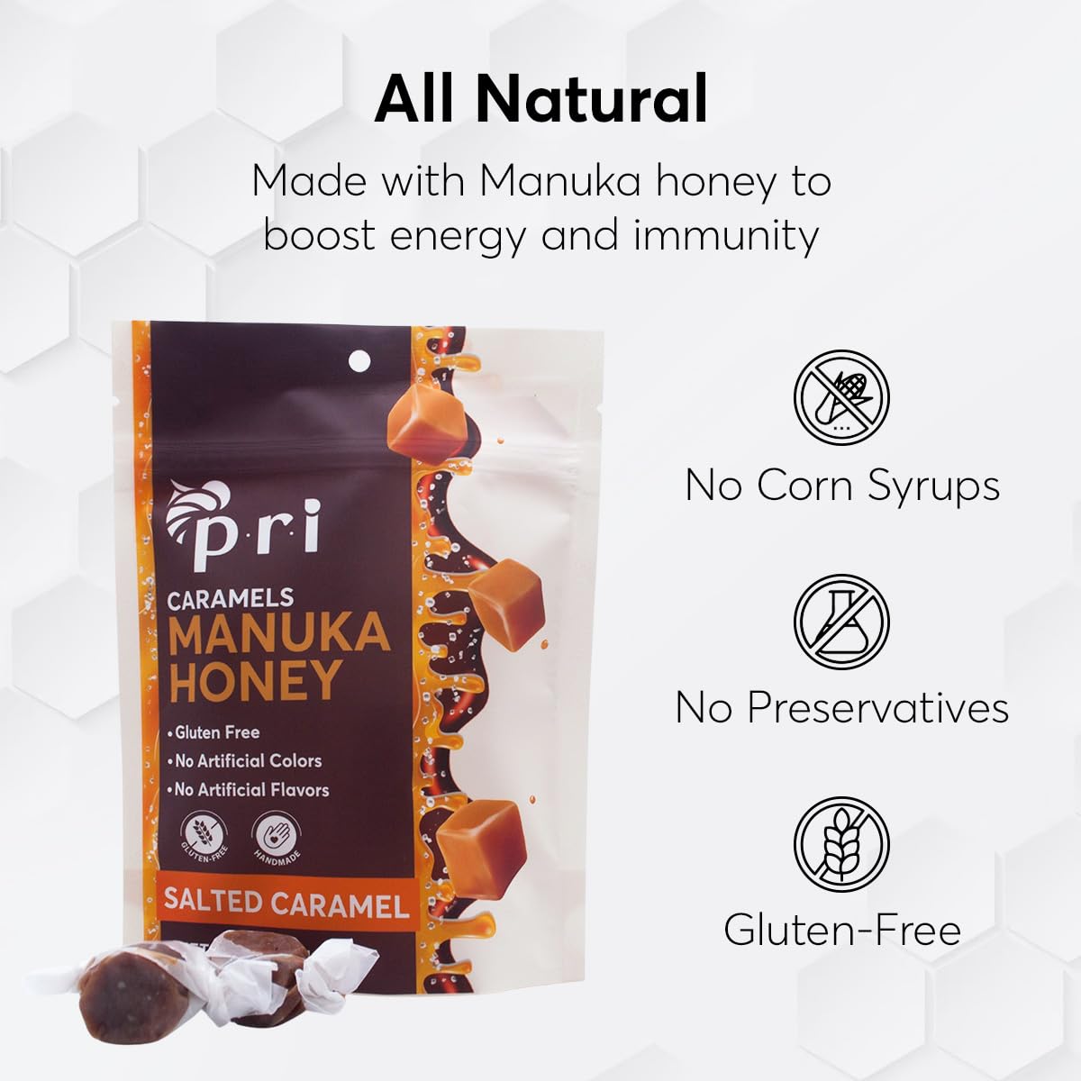 P.R.I Manuka Honey Salted Caramels close-up texture reveals melt-in-the-mouth caramel.
