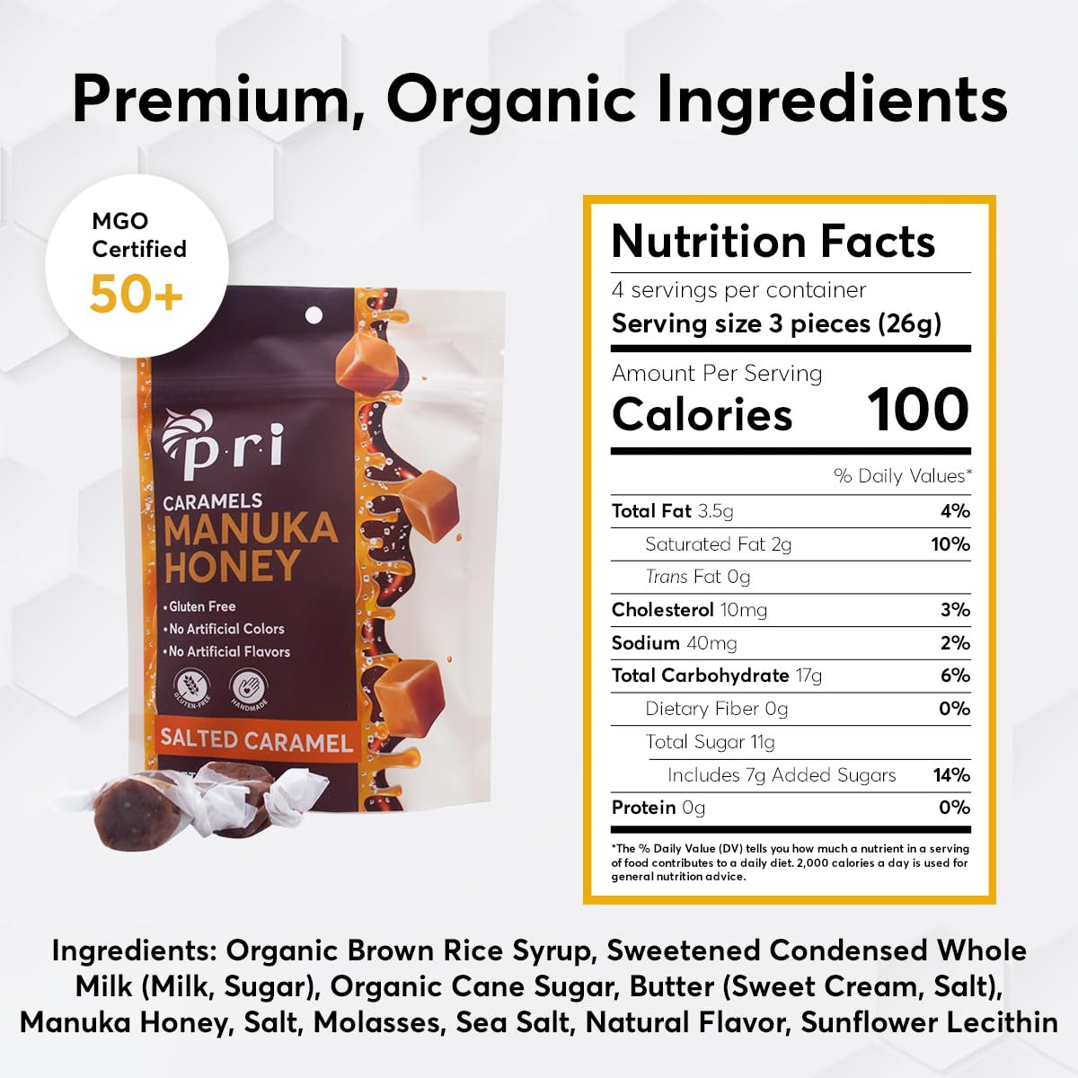 P.R.I Manuka Honey Salted Caramels gift box presents refined packaging for gifting.