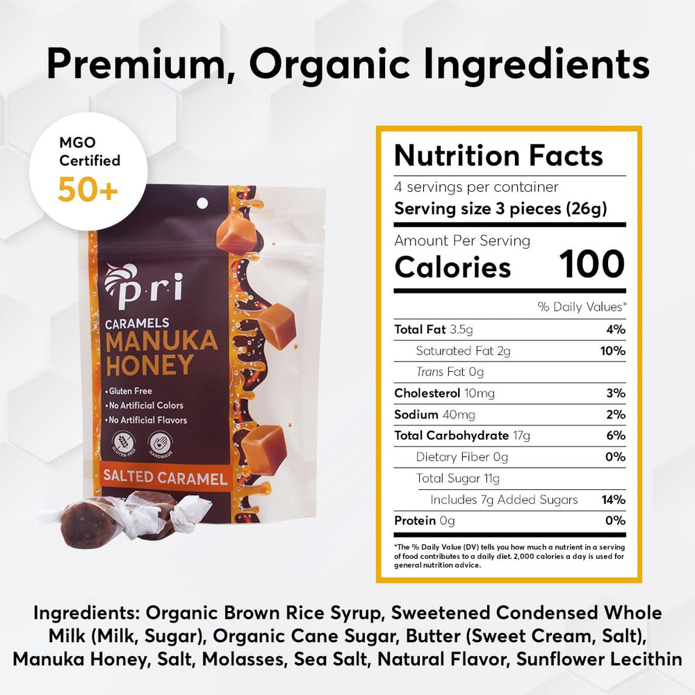 P.R.I Manuka Honey Salted Caramels gift box presents refined packaging for gifting.