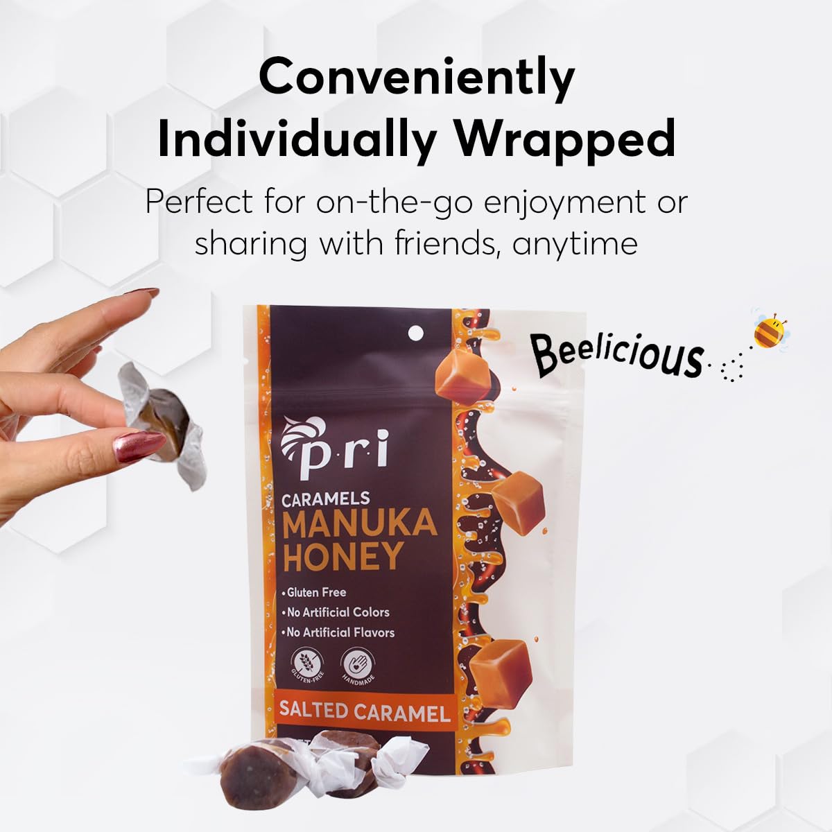 P.R.I Manuka Honey Salted Caramels wrapped individually for freshness and on-the-go enjoyment.