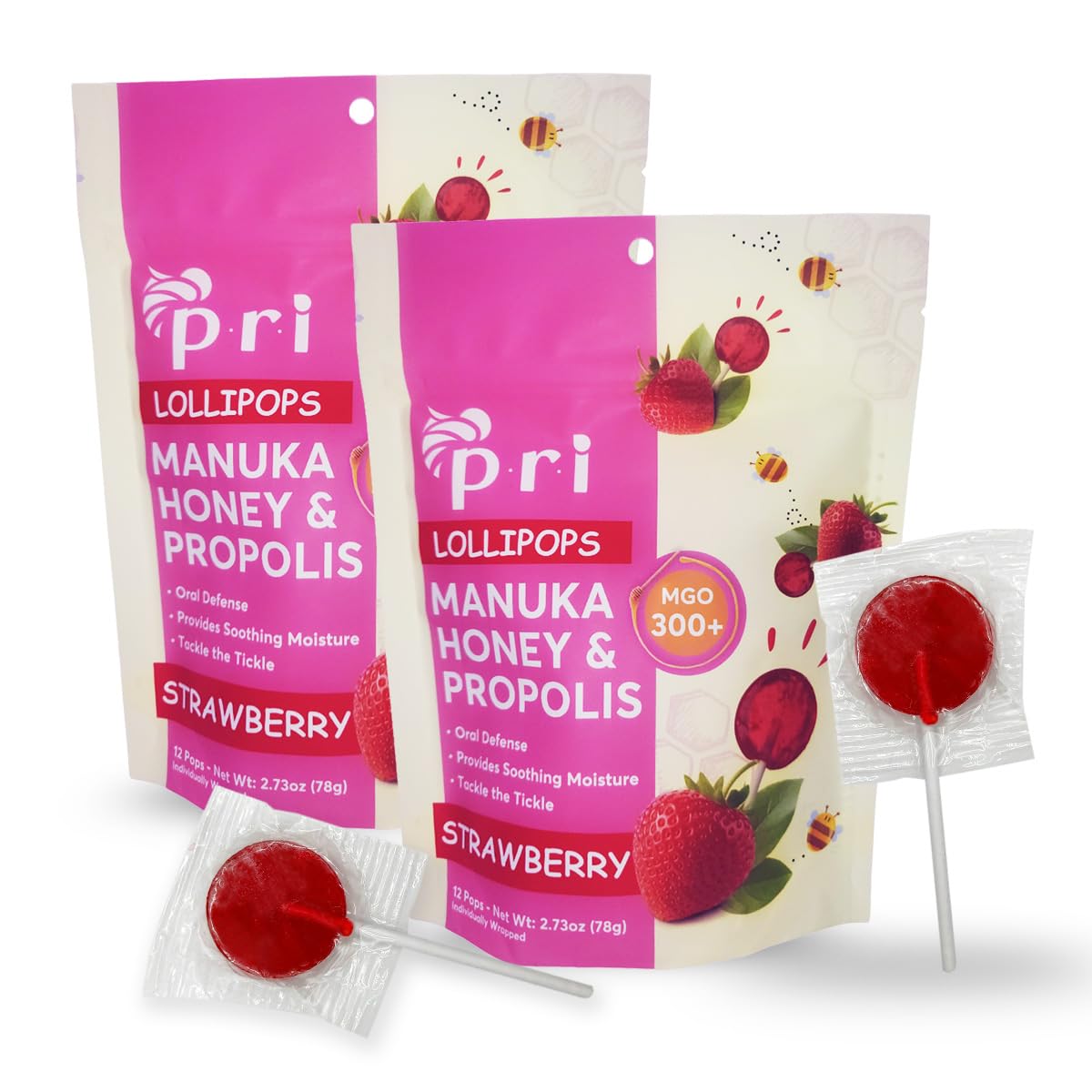 P.R.I strawberry Manuka honey lollipops pack of 24 for on-the-go soothing