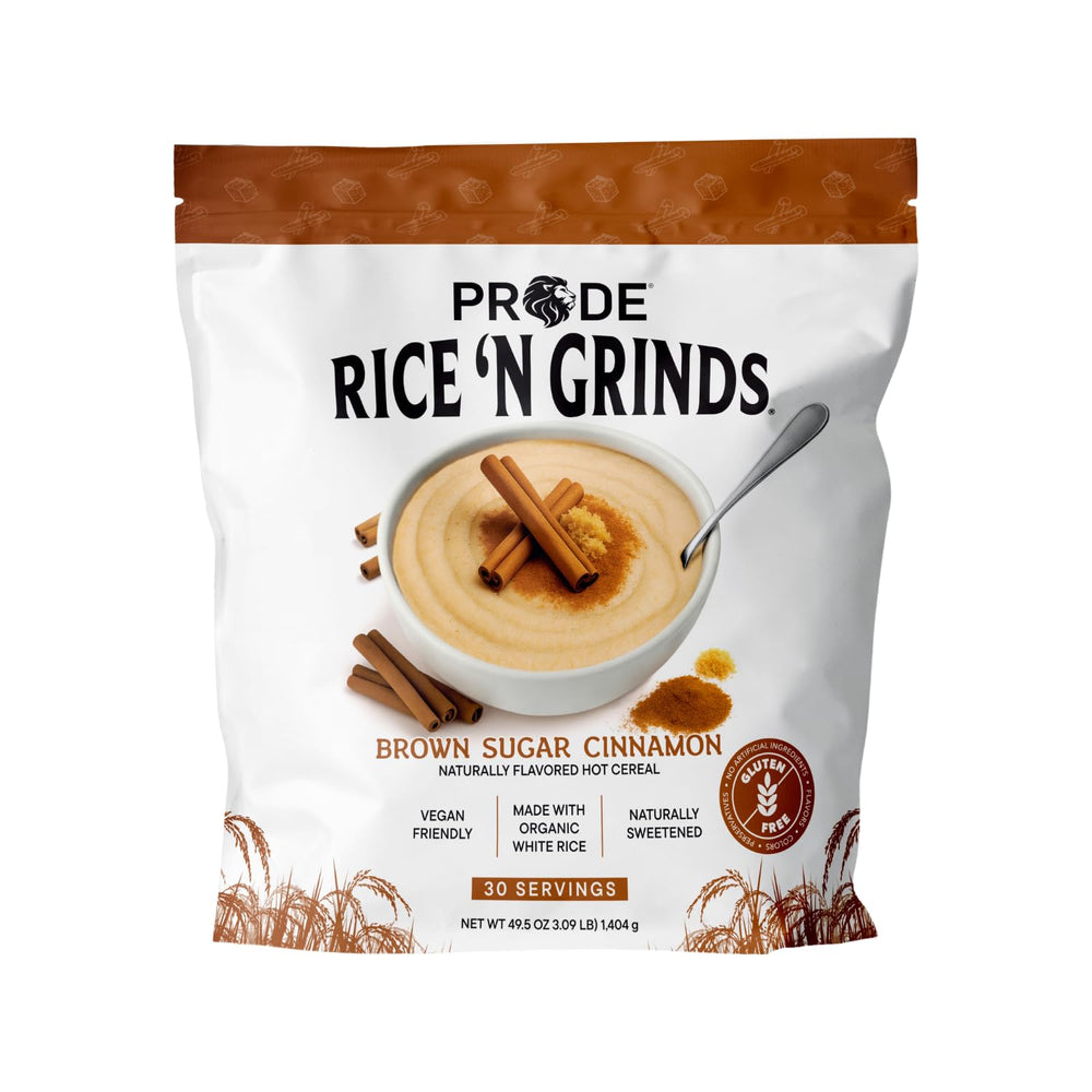 Pride Foods Rice 'N Grinds being poured with brown sugar and cinnamon for a quick vegan breakfast.