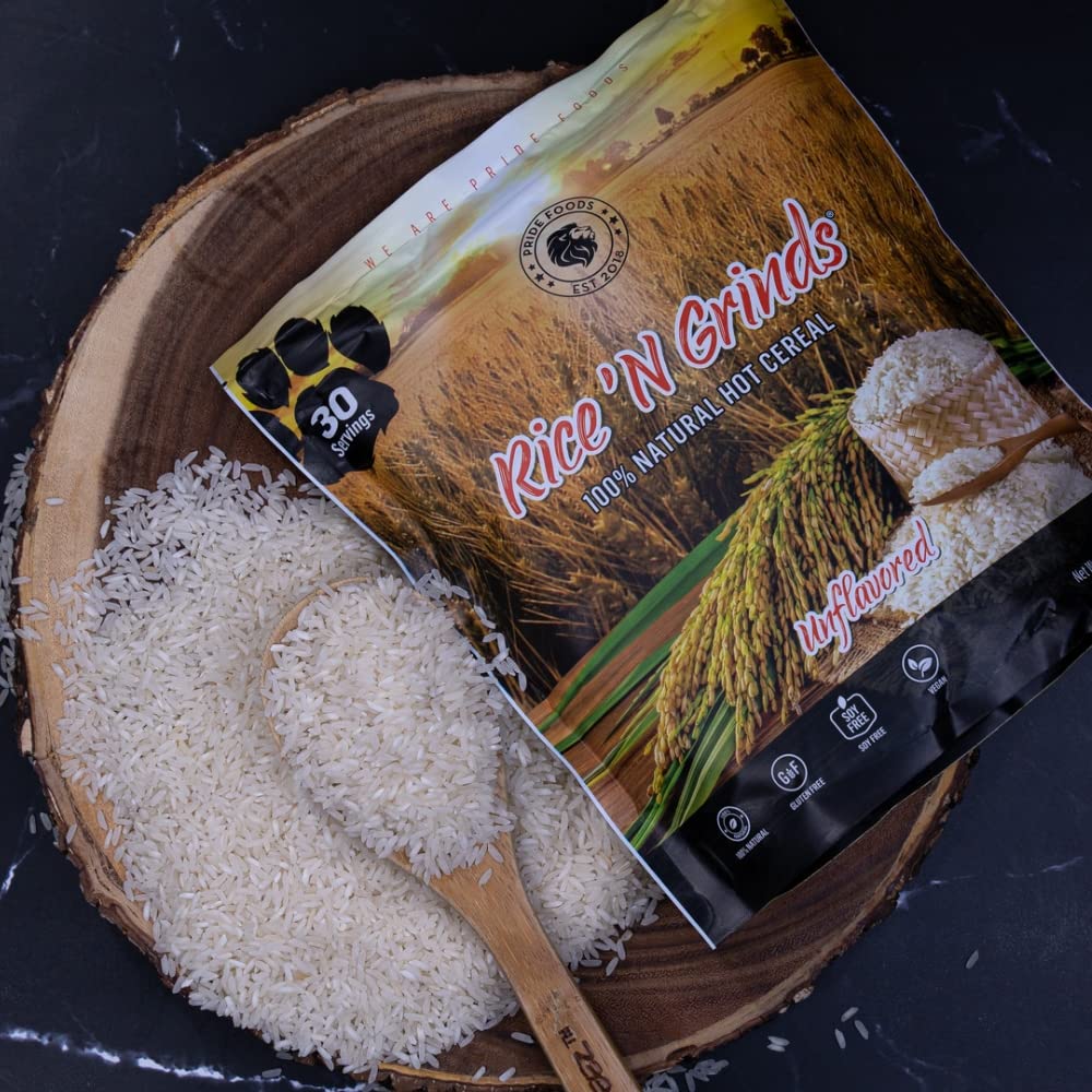 Non-GMO seal shown on Pride Foods Rice N Grinds box.