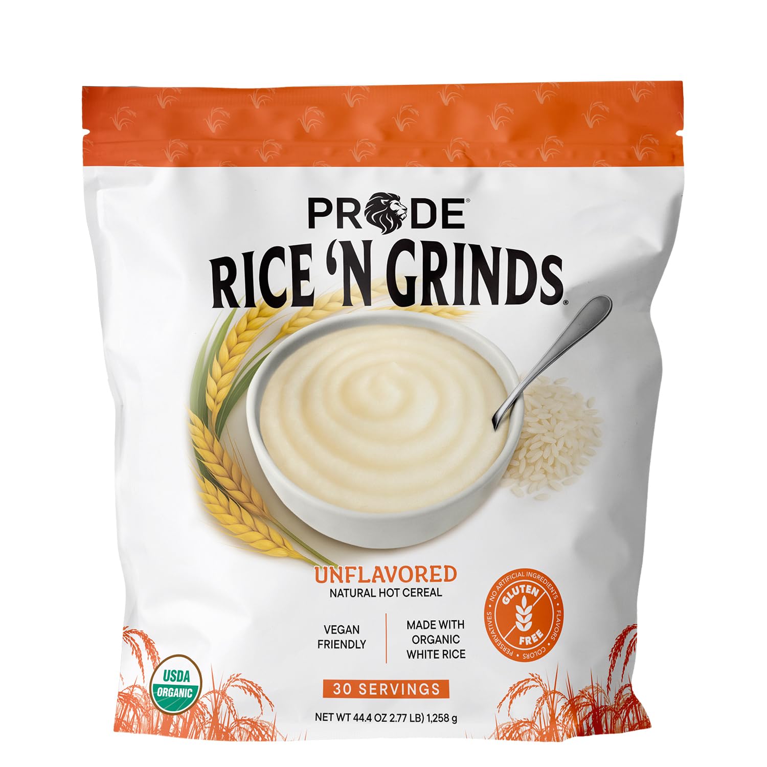 Pride Foods Rice N Grinds packaging highlights gluten-free, non-GMO benefits.