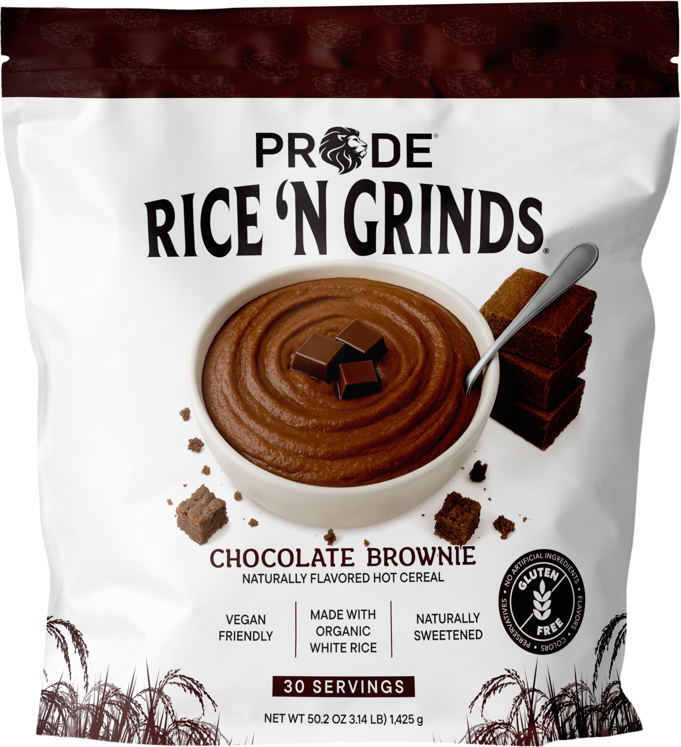 Pride Foods Rice N Grinds cereal box front featuring Chocolate Brownie flavor for gluten-free breakfast.