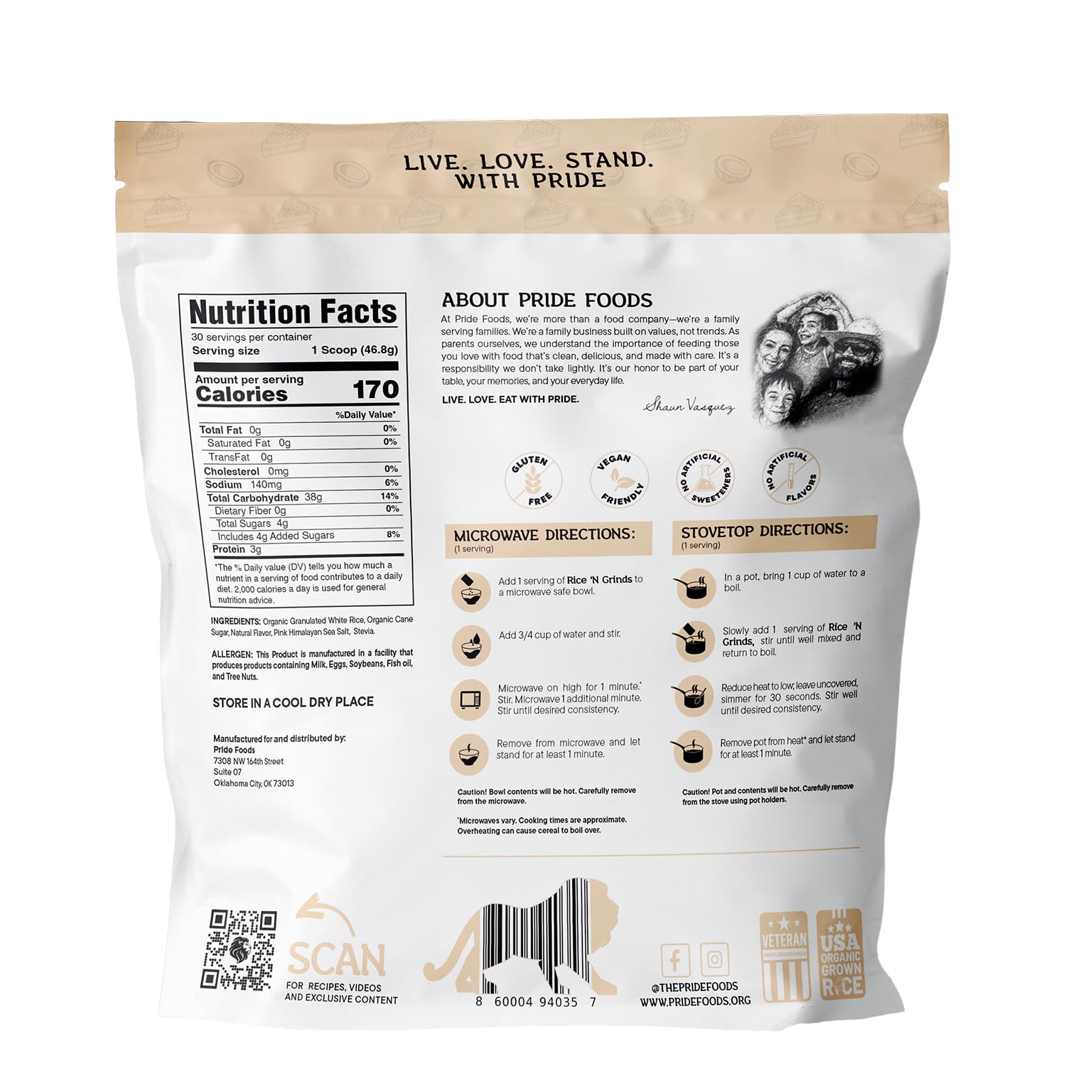 Pride Foods Rice 'N Grinds ingredients close-up showcases natural, gluten-free rice.