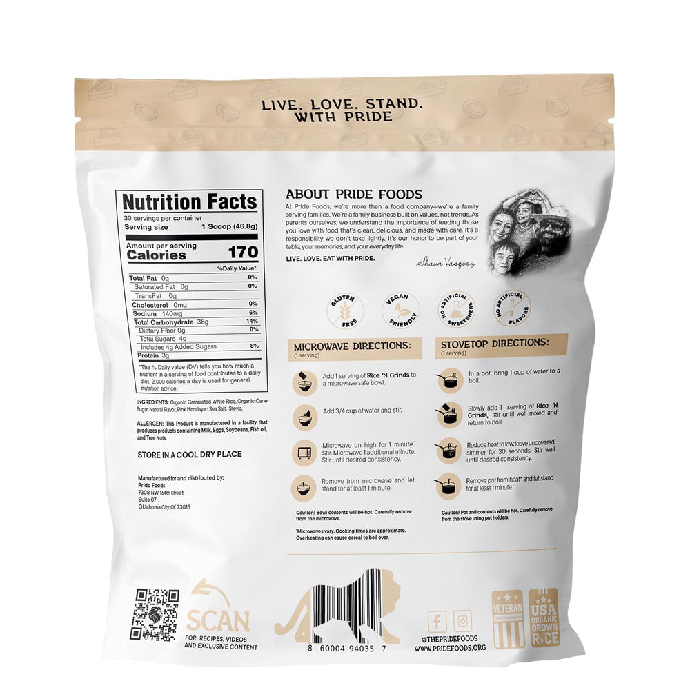 Pride Foods Rice 'N Grinds ingredients close-up showcases natural, gluten-free rice.