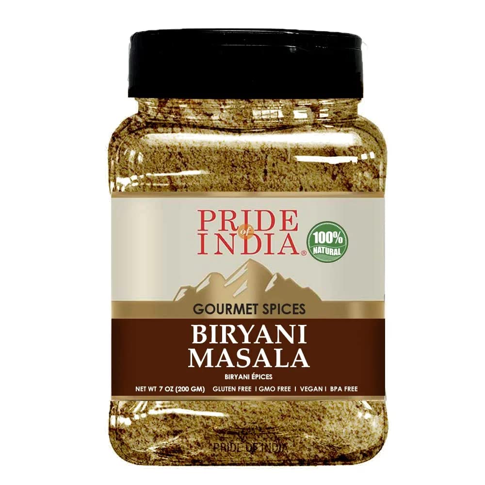 Pride Of India Biryani Masala jar showcases authentic spice blend for fragrant biryani.