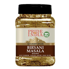 Pride Of India Biryani Masala jar showcases authentic spice blend for fragrant biryani.
