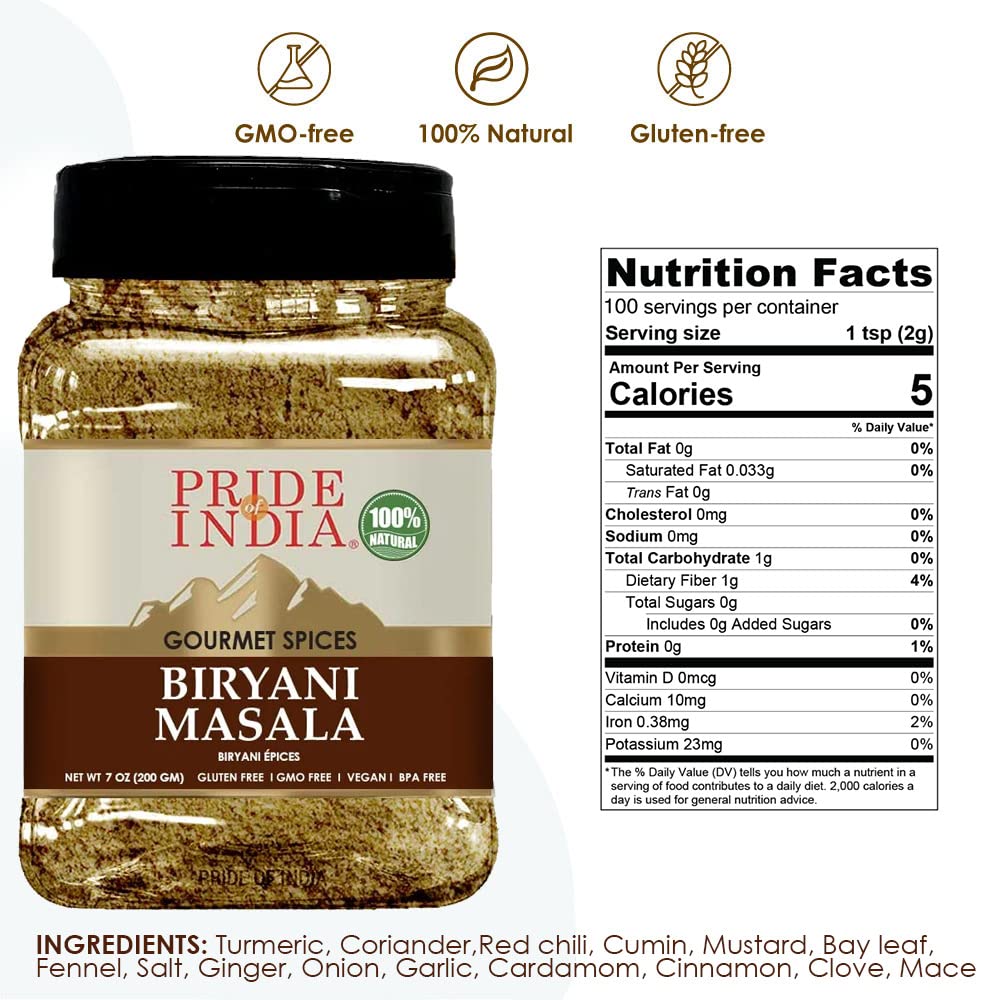 Pride Of India Biryani Masala being sprinkled for rich layered pilaf flavor.