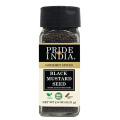 Pride of India black mustard seed bottle with dual sifter for precise, easy seasoning.