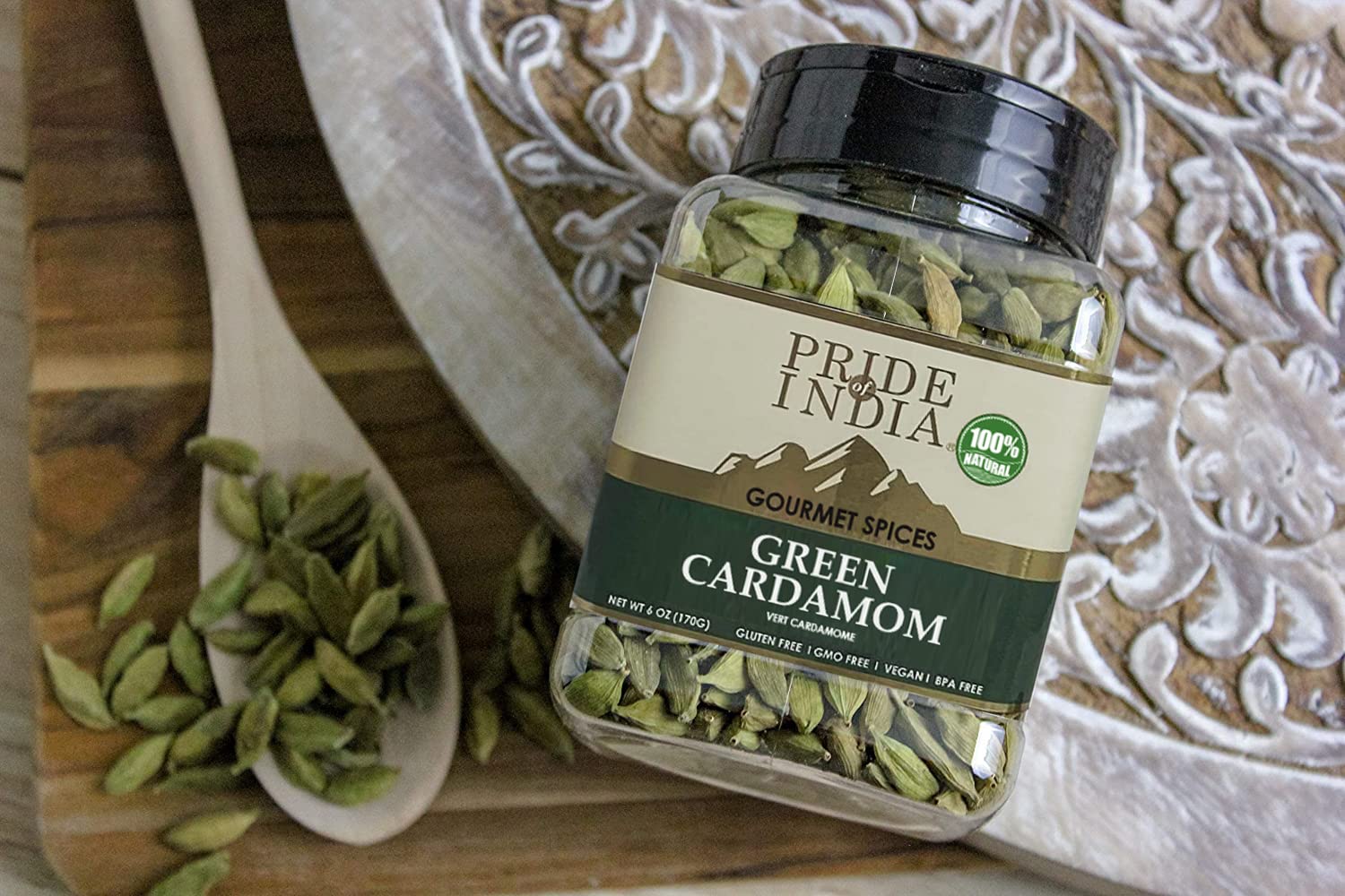 Pride of India cardamom spice blend enhances beverages and simmered dishes.