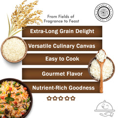 Pride Of India cooked fluffy basmati grains, ideal for rice bowls.