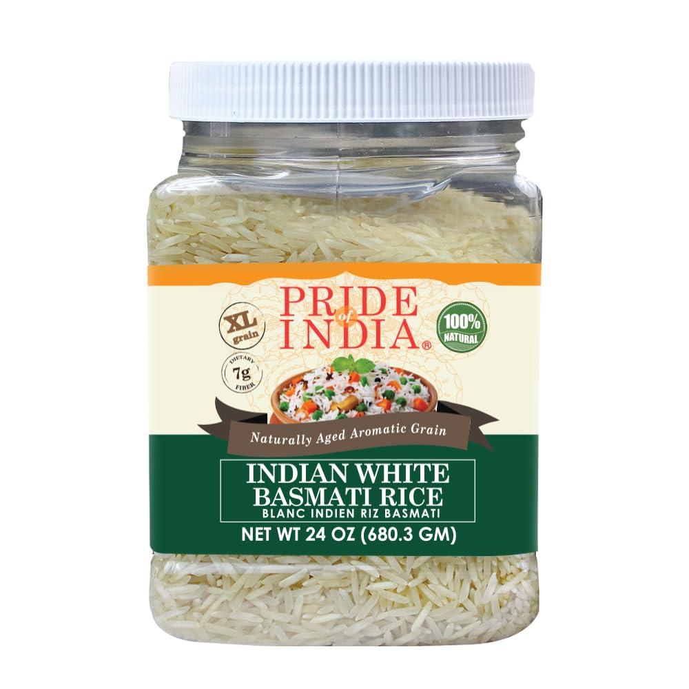 Pride Of India extra long basmati rice in a jar, ideal for fluffy pilafs.