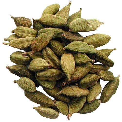 Pride of India green cardamom pods closeup showing vibrant color and plump pods.