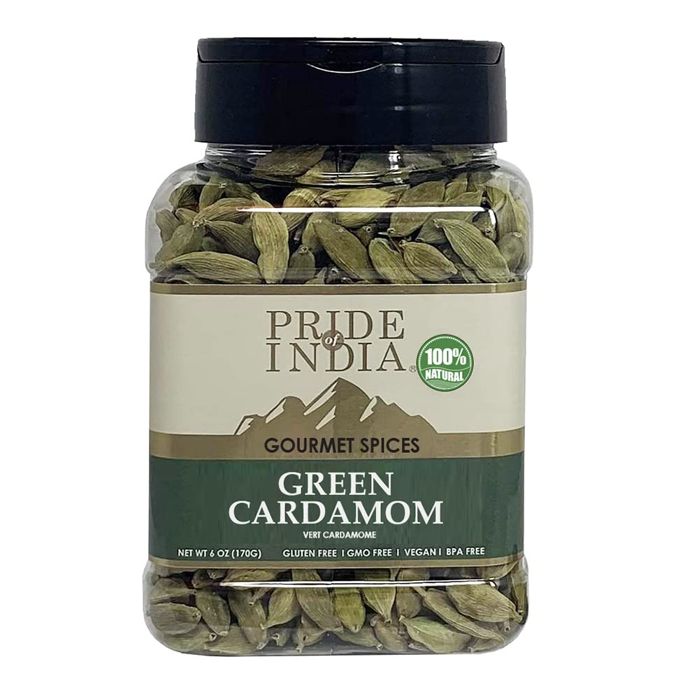Pride of India green cardamom whole pods in a 6oz jar enhance baking flavor and tea aroma.