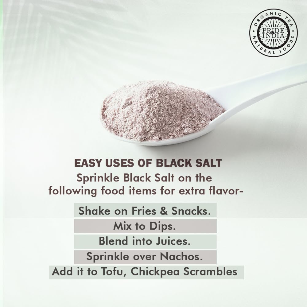 Pride Of India Himalayan Black Salt on a dish, highlighting egg-like flavor for vegan dishes.