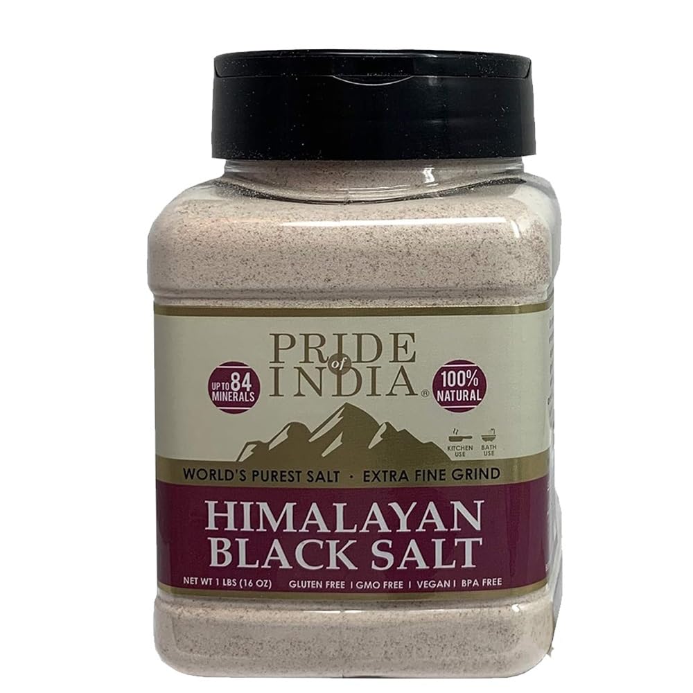 Pride Of India Himalayan Black Salt dual sifter jar, front view, ideal for vegan cooking.