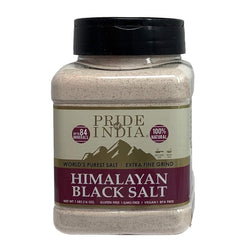 Pride Of India Himalayan Black Salt dual sifter jar, front view, ideal for vegan cooking.