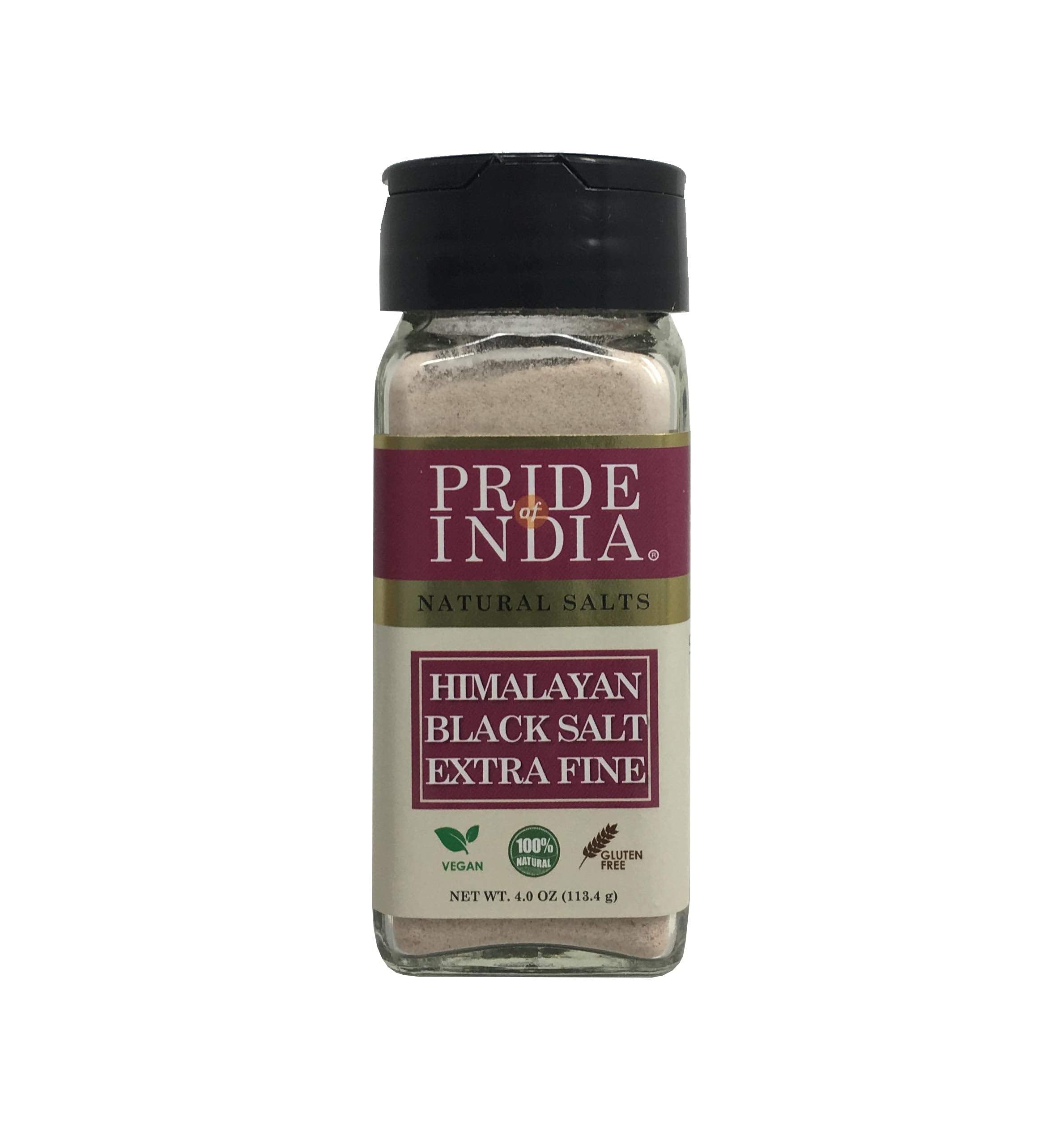 Pride of India Himalayan black salt in extra-fine grind, perfect for cooking and vegan dishes.