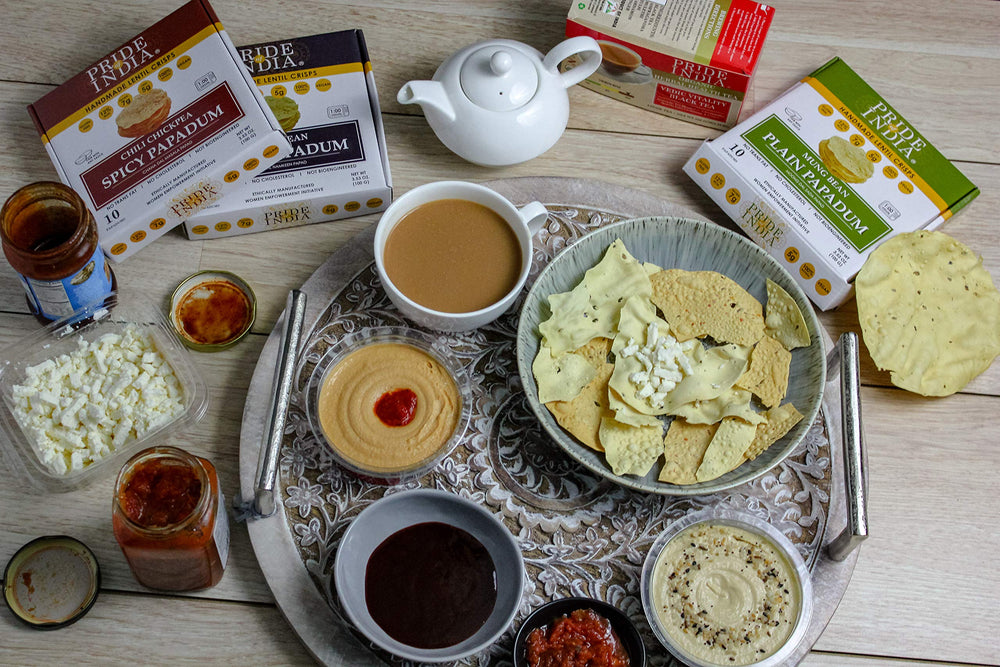 Pride Of India lentil crisps nutrition panel emphasizing protein and iron.