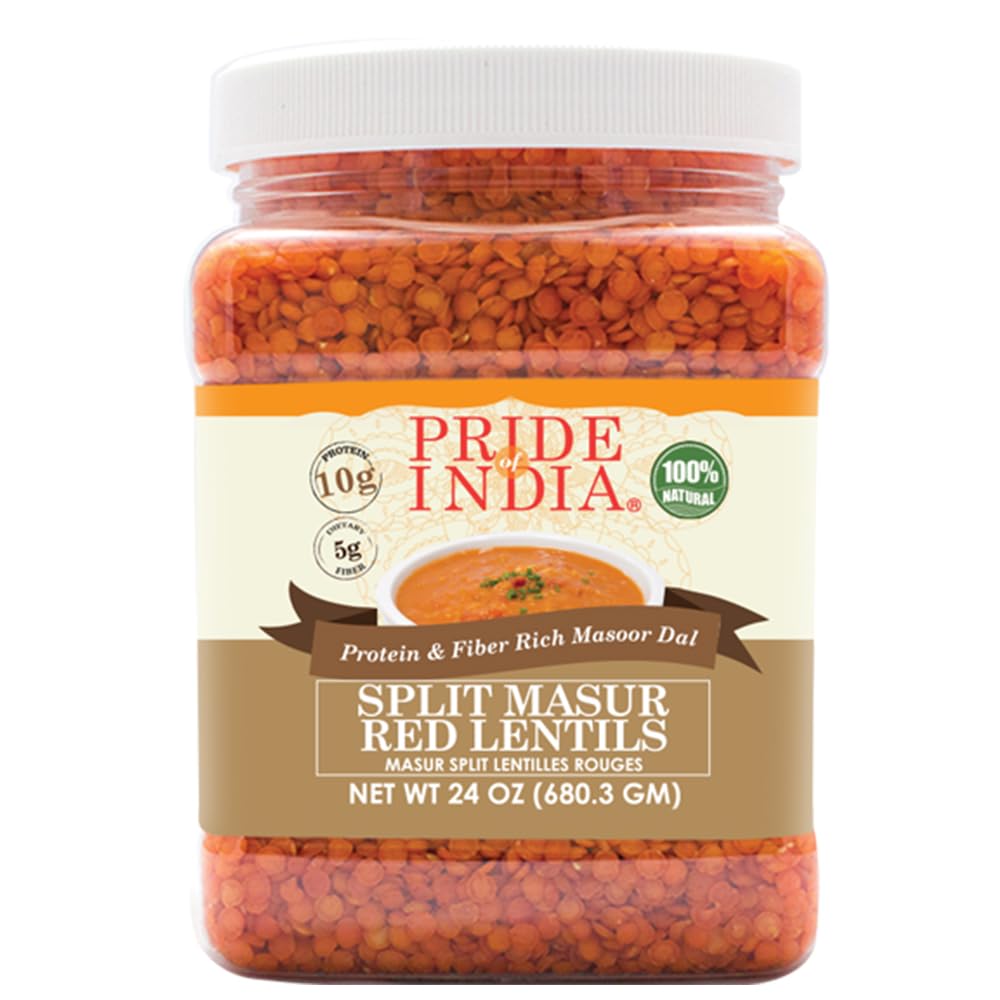 Pride Of India Masoor Dal jar closeup of ready-to-cook red lentils.