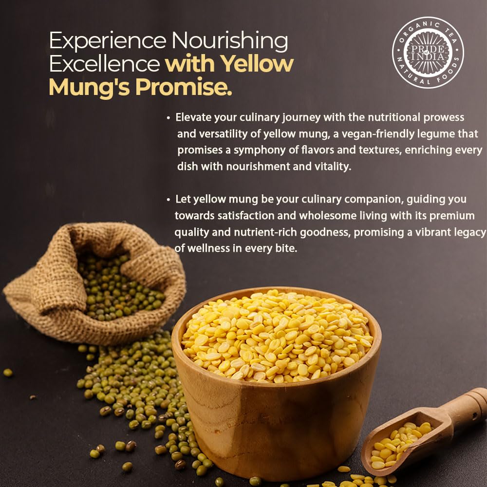Pride Of India mung dal nutrition label highlights protein and fiber per serving.