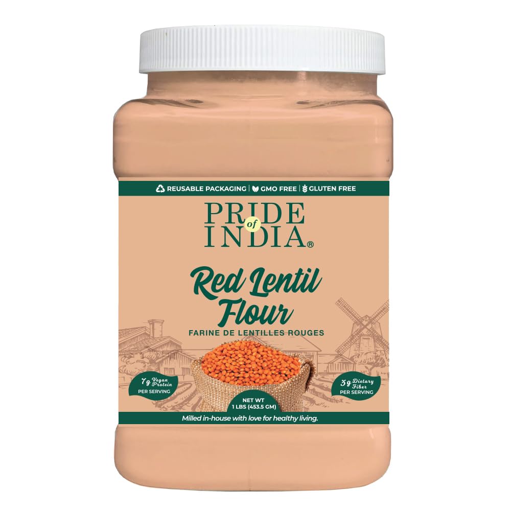 Pride of India red lentil flour packaging, ideal for gluten-free baking and sauces.