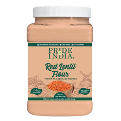 Pride of India red lentil flour packaging, ideal for gluten-free baking and sauces.