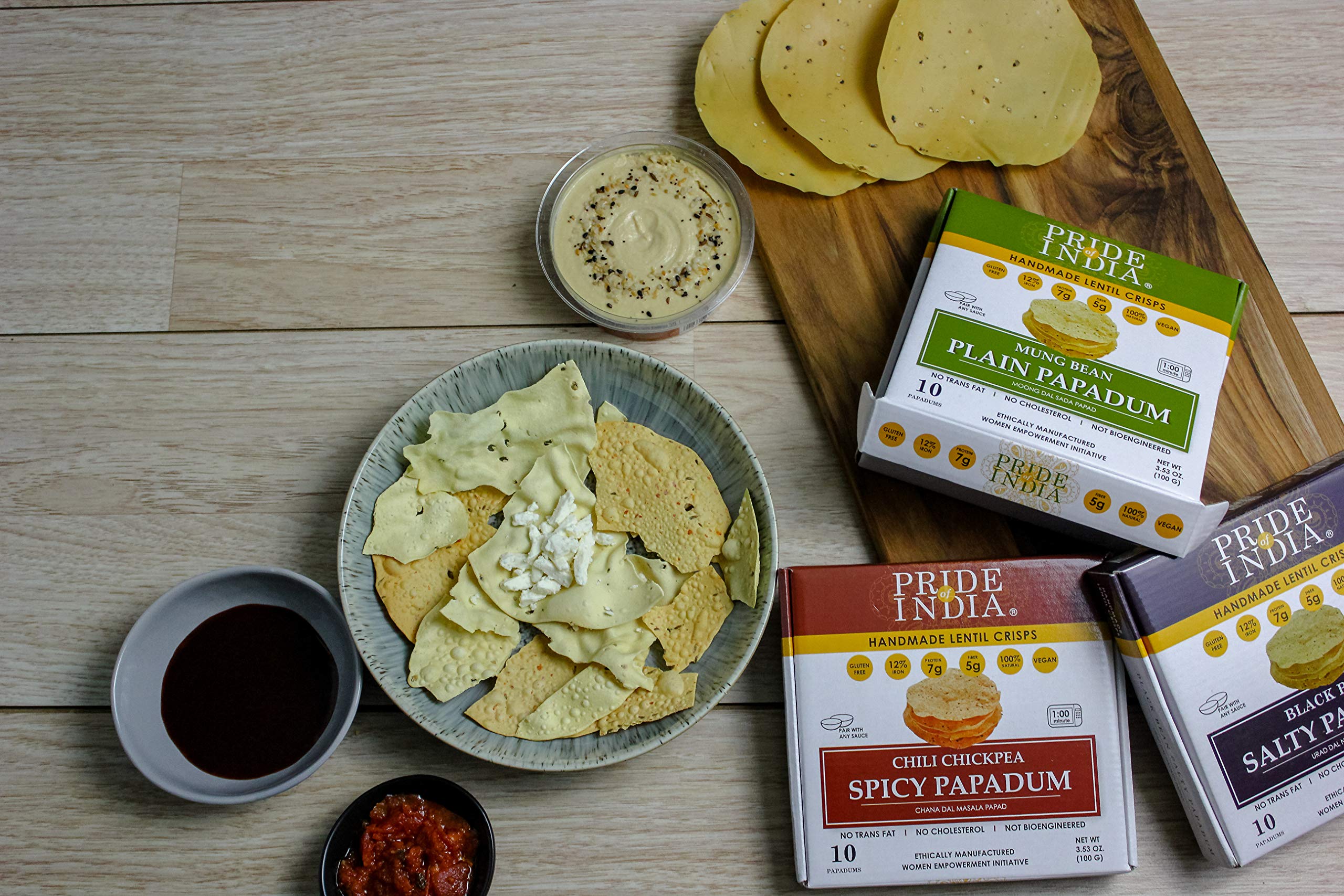 Pride Of India spicy chickpea papadum pack highlighting gluten-free vegan snack.