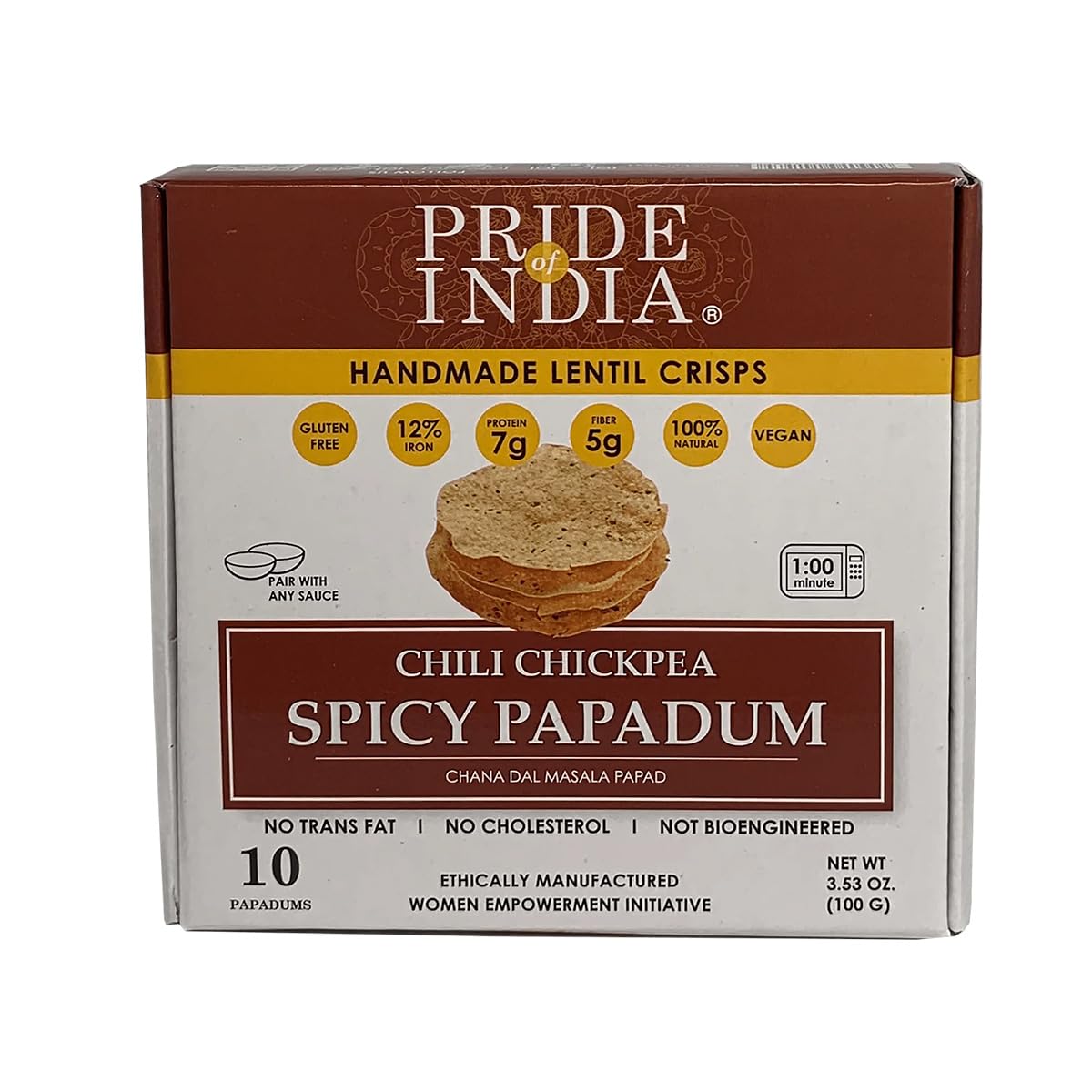 Pride Of India spicy chickpea papadum package, gluten-free snack option with bold flavor.