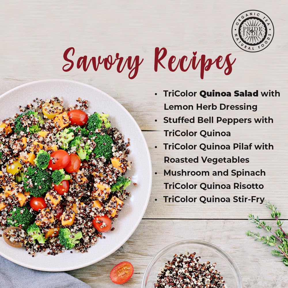 Pride Of India packaging emphasizes fresh, chemical-free quinoa for everyday meals.