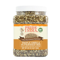 Pride Of India Triple Omega Superseed Mix jar close-up showing seeds for protein and fiber