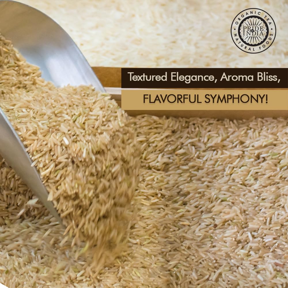 Pride Of India uncooked rice being poured from the jar, illustrating sealed freshness.