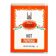 Pride of Szeged hot paprika powder in a 4 oz tin adds vibrant color.