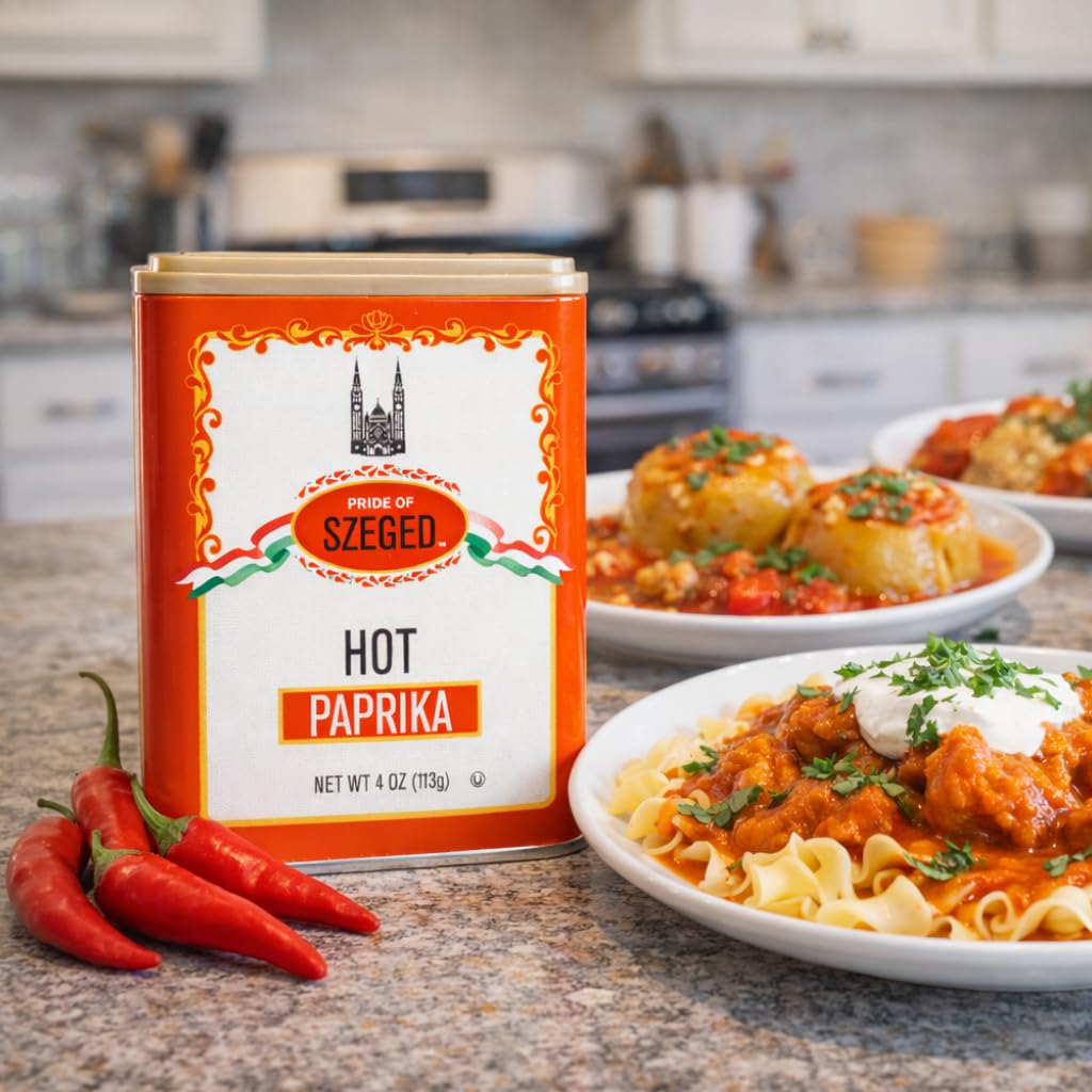 Pride of Szeged hot paprika powder brightens traditional Hungarian dish.