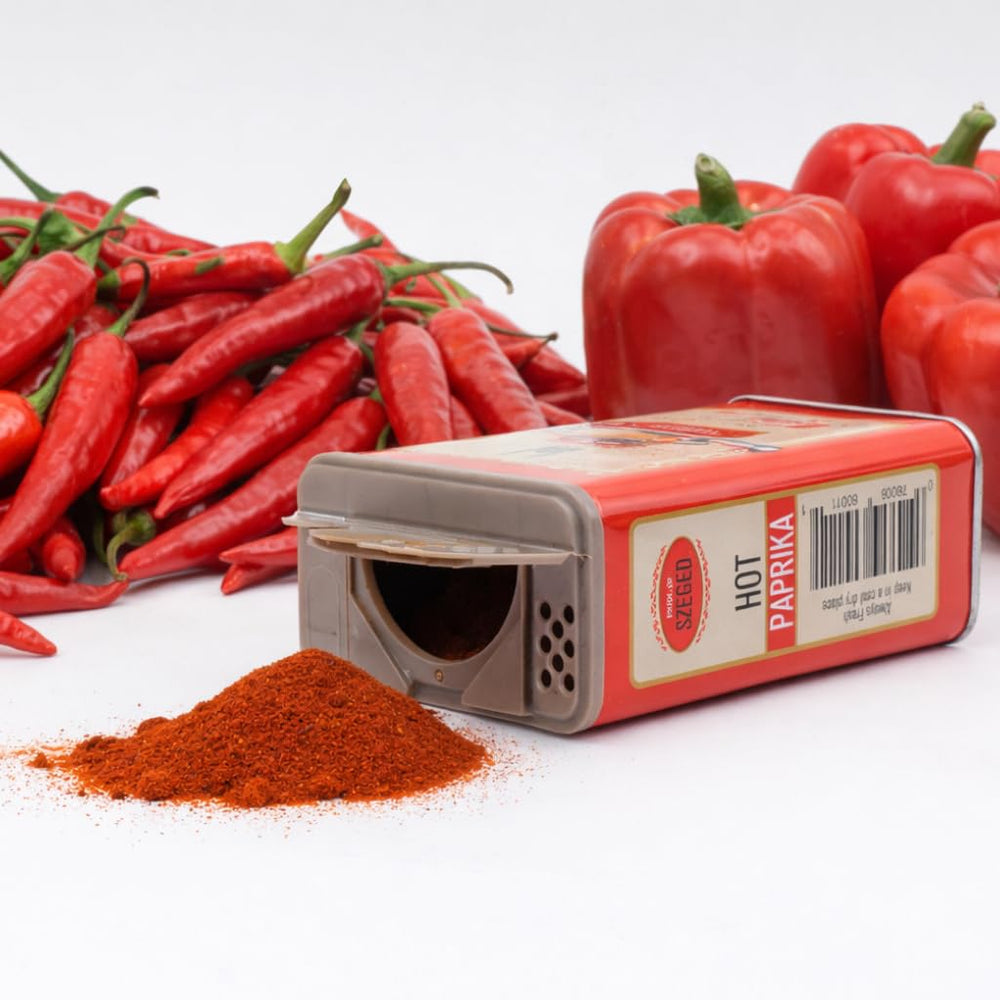 Pride of Szeged hot paprika powder close-up shows fine texture.