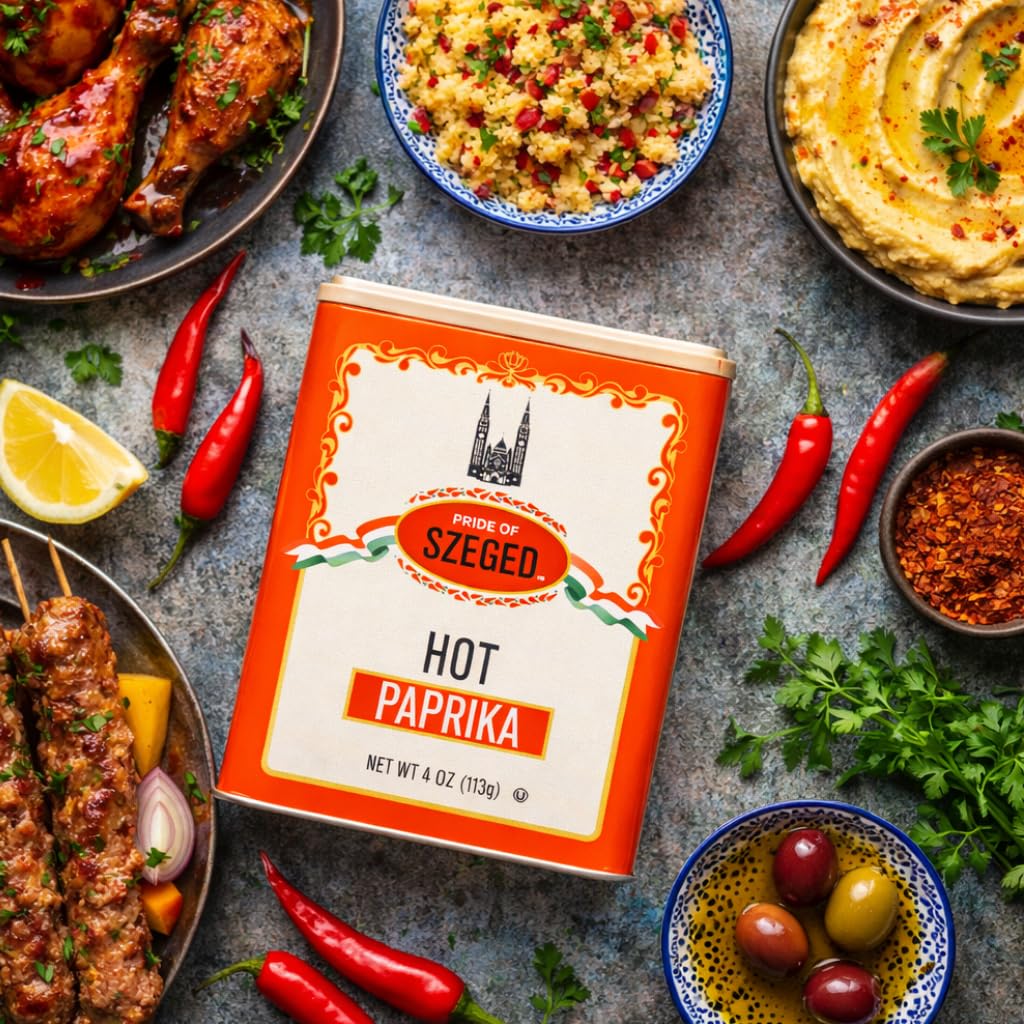 Pride of Szeged hot paprika powder pours for easy seasoning.