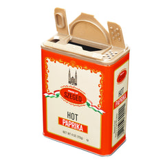 Pride of Szeged hot paprika powder on spice shelf for quick meals.