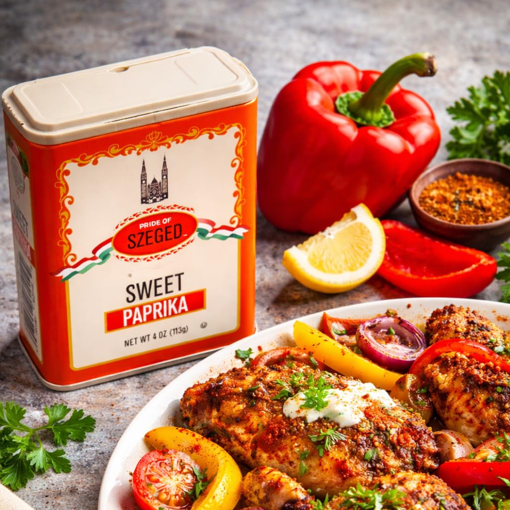 Pride of Szeged Sweet Paprika Powder dusting meat for color and aroma