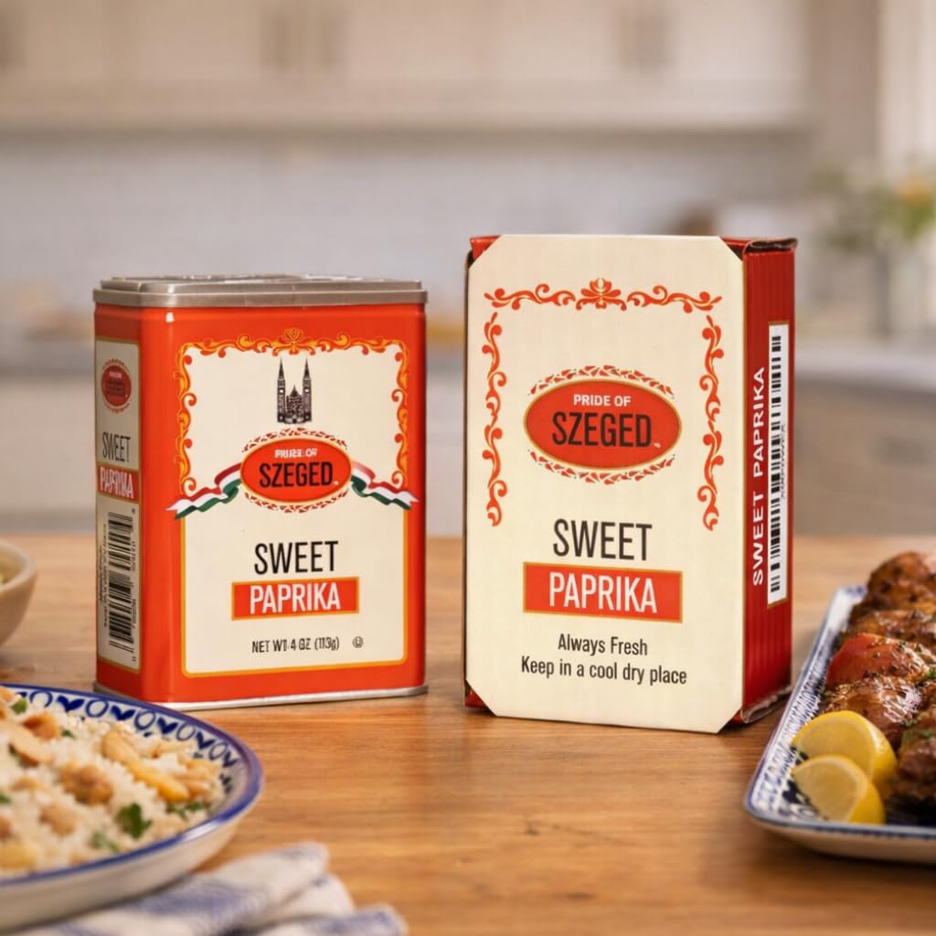 Pride of Szeged paprika powder in copper pan with sizzling dish