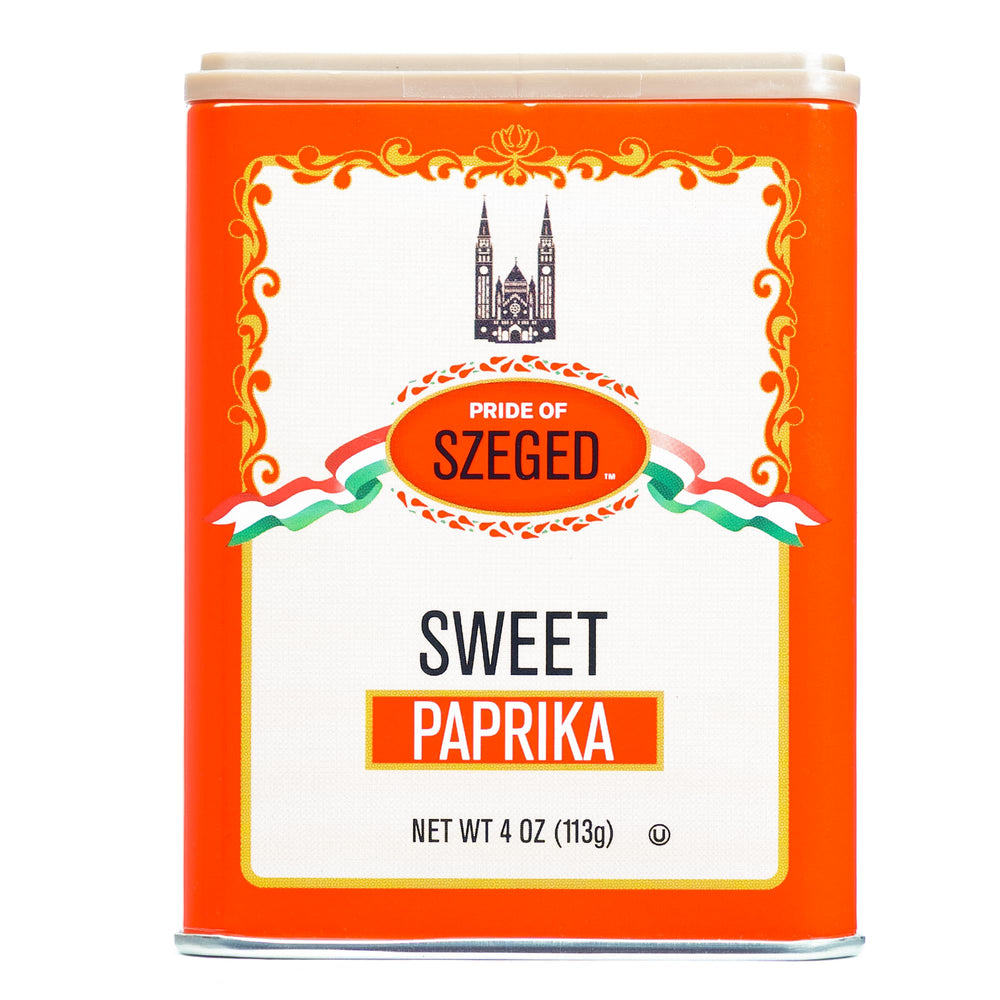 Pride of Szeged Sweet Paprika Powder tin front shows rich color for meals